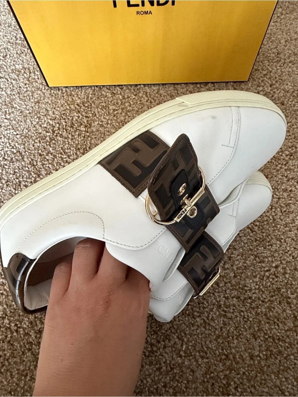 Fendi  White Sneakers with Brown FF Buckle Strap and Gold Hardware